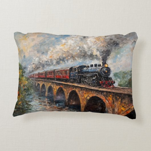 橋の上の蒸気列車 – 油絵 アクセントクッション (裏面)