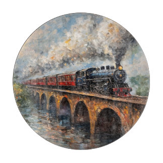 橋の上の蒸気列車 – 油絵 カッティングボード