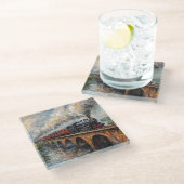 橋の上の蒸気列車 – 油絵 ガラスコースター (アングル)