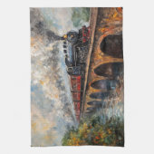 橋の上の蒸気列車 – 油絵 キッチンタオル (縦)