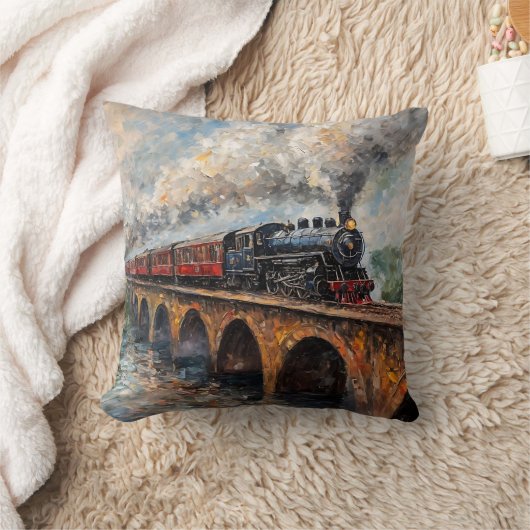橋の上の蒸気列車 – 油絵 クッション (ブランケット)