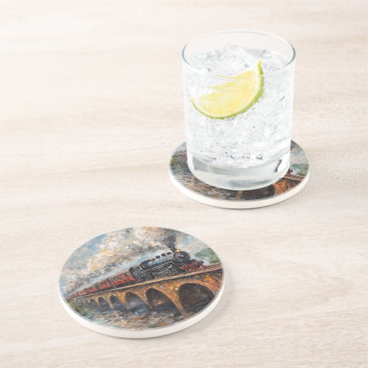 橋の上の蒸気列車 – 油絵 コースター (側面)