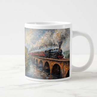 橋の上の蒸気列車 – 油絵 ジャンボコーヒーマグカップ