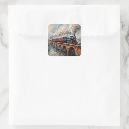 橋の上の蒸気列車 – 油絵 スクエアシール (バッグ)