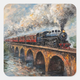 橋の上の蒸気列車 – 油絵 スクエアシール