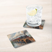 橋の上の蒸気列車 – 油絵 スクエアペーパーコースター (インサイチュ)