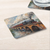 橋の上の蒸気列車 – 油絵 スクエアペーパーコースター (アングル)