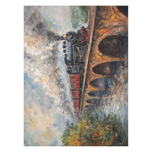 橋の上の蒸気列車 – 油絵 テーブルクロス (正面)