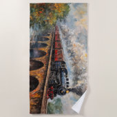 橋の上の蒸気列車 – 油絵 ビーチタオル (正面)