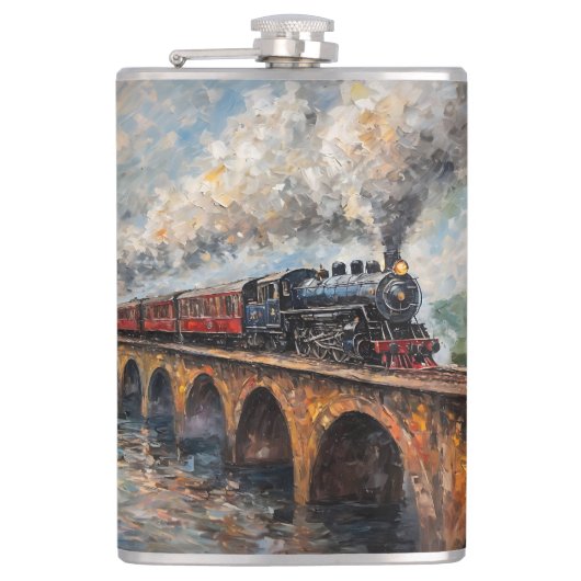 橋の上の蒸気列車 – 油絵 フラスク (正面)