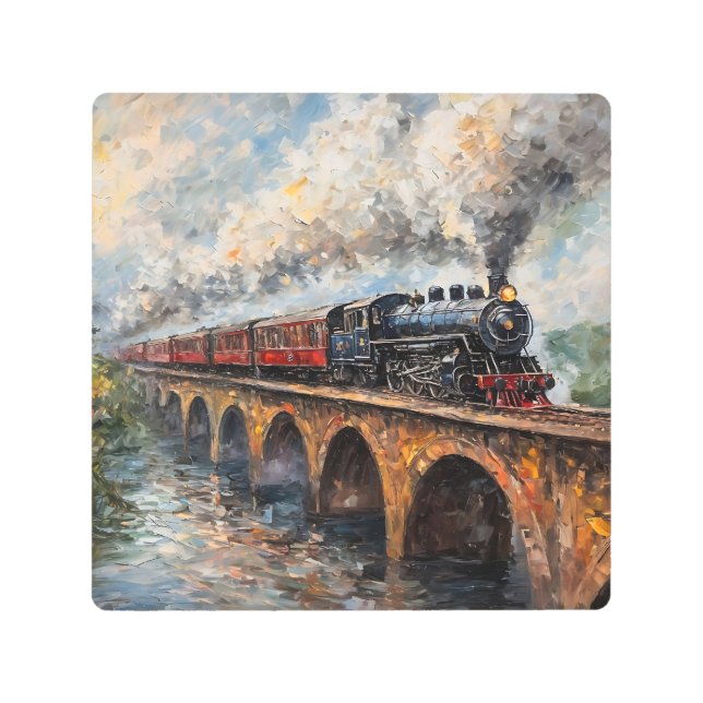 橋の上の蒸気列車 – 油絵 メタルプリント (正面)