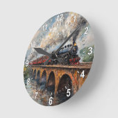 橋の上の蒸気列車 – 油絵 ラウンド壁時計 (傾斜)