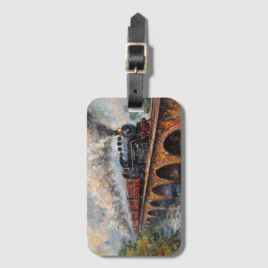 橋の上の蒸気列車 – 油絵 ラゲッジタグ (正面縦)