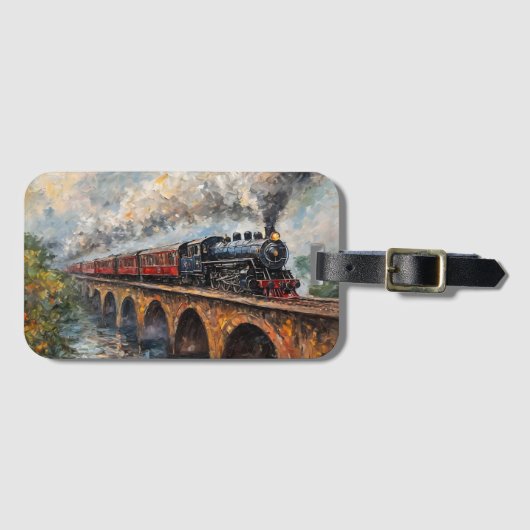 橋の上の蒸気列車 – 油絵 ラゲッジタグ (正面横)
