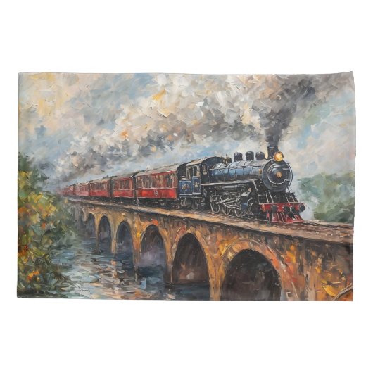 橋の上の蒸気列車 – 油絵 枕カバー (裏面)