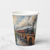 橋の上の蒸気列車 – 油絵 紙コップ (裏面)