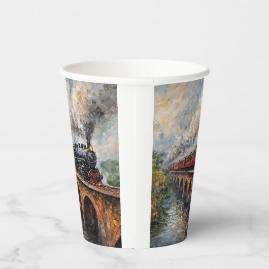 橋の上の蒸気列車 – 油絵 紙コップ (右)
