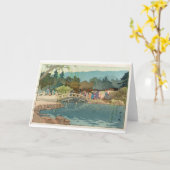 橋を渡る水日本のヴィンテージ浮世絵 カード (黄色い花)