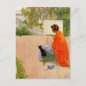 橋を見ている女性および猫 ポストカード (正面)