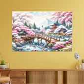 橋日本の橋、コイ、桜の木の風景 キャンバスプリント (インサイチュ (リビング))