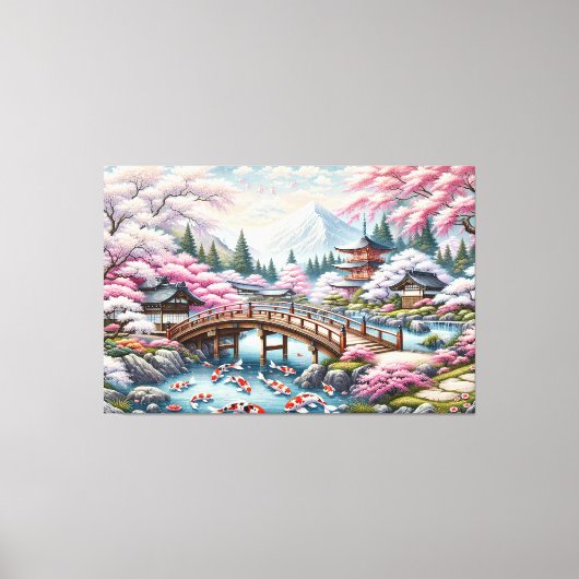 橋日本の橋、コイ、桜の木の風景 キャンバスプリント (正面)