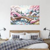 橋日本の橋、コイ、桜の木の風景 キャンバスプリント (インサイチュ (寝室))