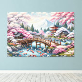 橋日本の橋、コイ、桜の木の風景 キャンバスプリント (インサイチュ (ウッドフロア))