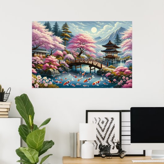 橋日本の橋、コイ、桜の木の風景 ポスター (ホームオフィス)