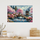 橋日本の橋、コイ、桜の木の風景 ポスター (キッチン)