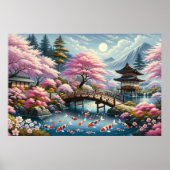 橋日本の橋、コイ、桜の木の風景 ポスター (正面)
