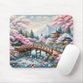 橋日本の橋、コイ、桜の木の風景 マウスパッド (マウス)