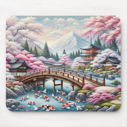 橋日本の橋、コイ、桜の木の風景 マウスパッド (正面)