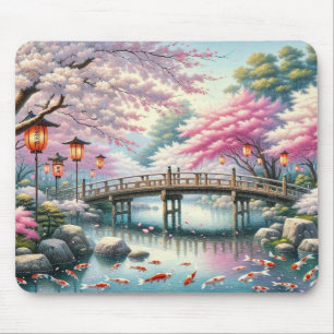 橋日本の橋、コイ、桜の木の風景 マウスパッド