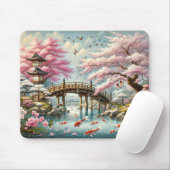 橋日本の橋、コイ、桜の木の風景 マウスパッド (マウス)