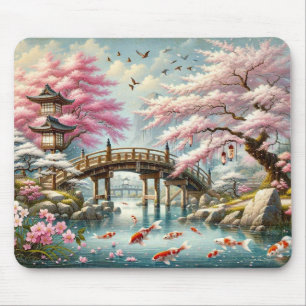 橋日本の橋、コイ、桜の木の風景 マウスパッド