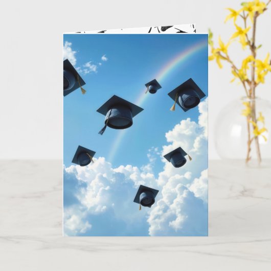 機上卒業の帽子と虹 カード (黄色い花)