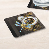 機械式トンボ付きスチームパンク時計 スクエアペーパーコースター (アングル)