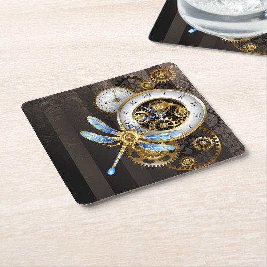 機械式トンボ付きスチームパンク時計 スクエアペーパーコースター (アングル)