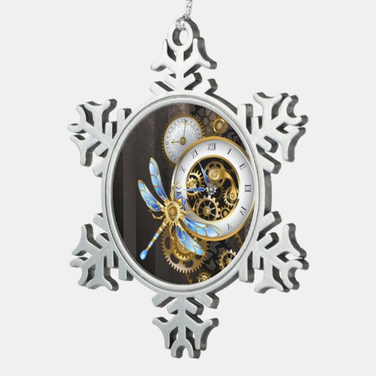 機械式トンボ付きスチームパンク時計 スノーフレークピューターオーナメント (右)