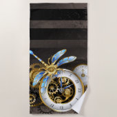 機械式トンボ付きスチームパンク時計 ビーチタオル (正面)