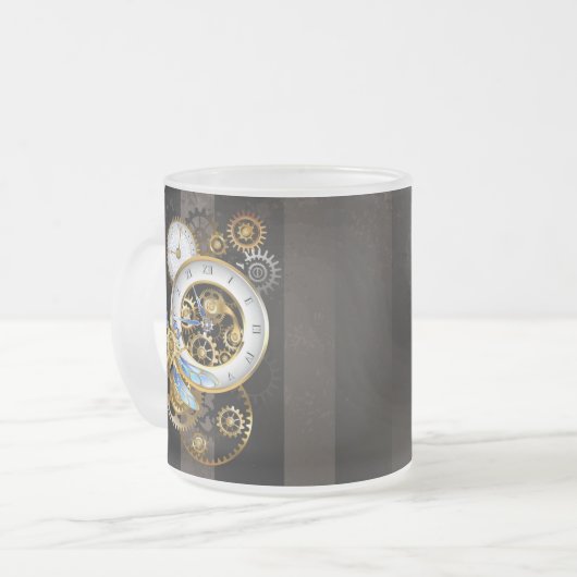 機械式トンボ付きスチームパンク時計 フロストグラスマグカップ (正面左)