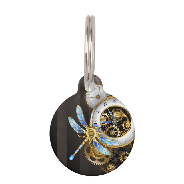 機械式トンボ付きスチームパンク時計 ペット　ネームタグ (正面)