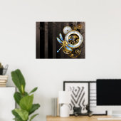 機械式トンボ付きスチームパンク時計 ポスター (ホームオフィス)