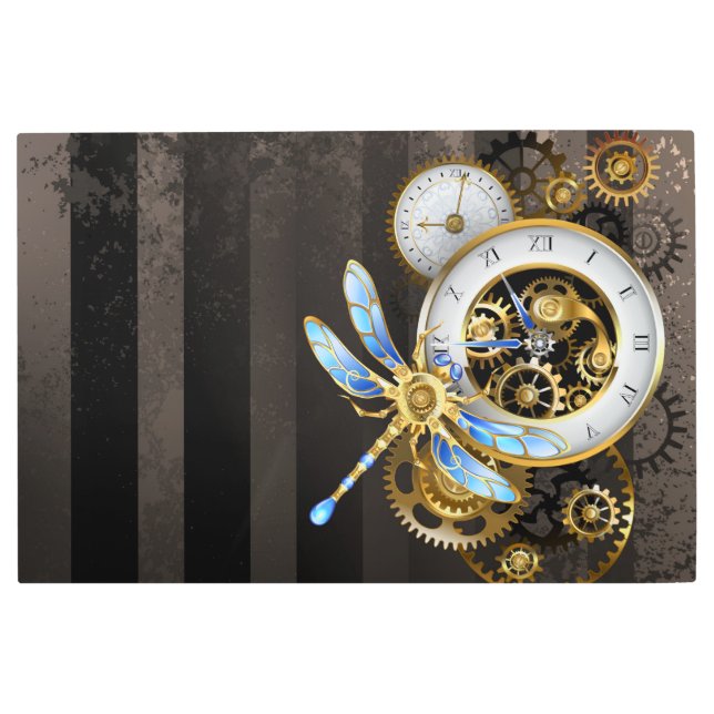 機械式トンボ付きスチームパンク時計 メタルプリント (正面)