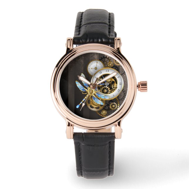 機械式トンボ付きスチームパンク時計 腕時計 (正面)
