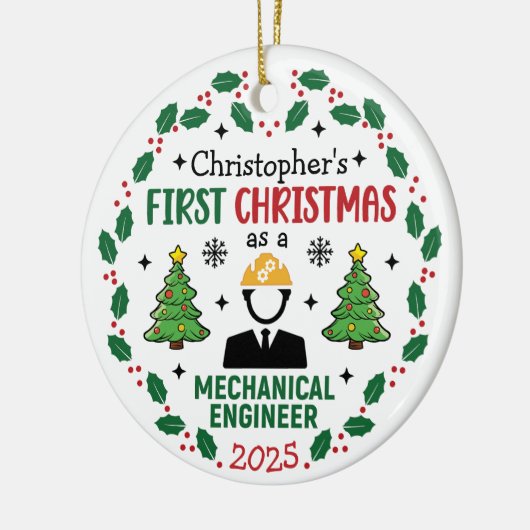 機械技術者の初めてのクリスマス パーソナライズされた セラミックオーナメント (左)
