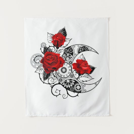 機械的な三日月と赤いバラ タペストリー (正面)