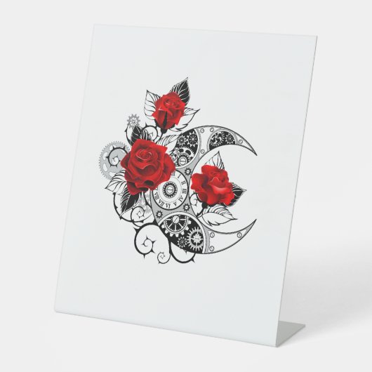 機械的な三日月と赤いバラ 台座サイン (正面)