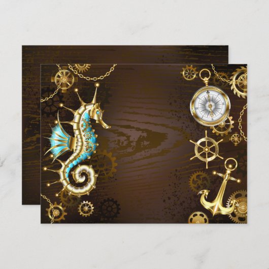 機械的な海馬が付いた木製の背景 セーブザデート (正面/裏面)