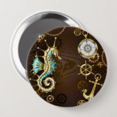 機械的な海馬が付いた木製の背景 缶バッジ (正面&裏面)